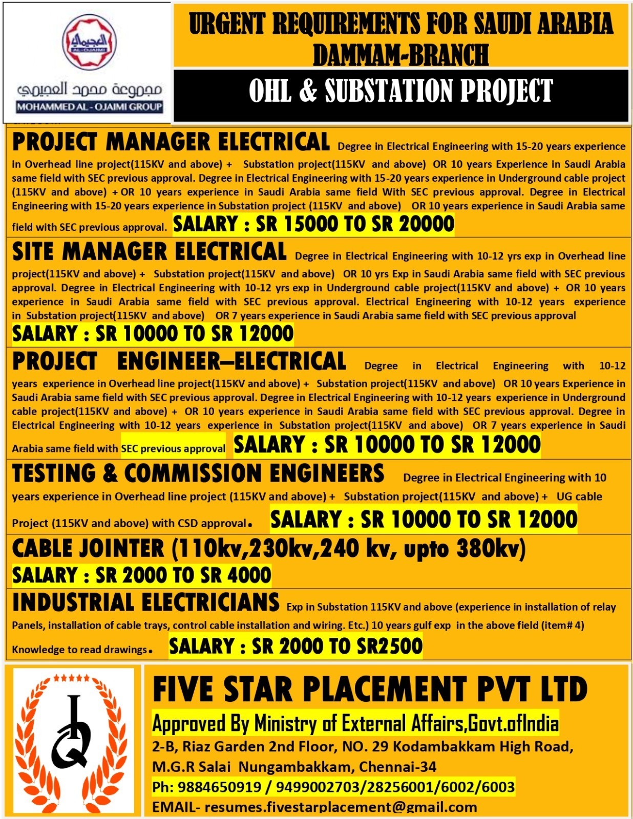 DAMMAM-BRANCH OHL & SUBSTATION PROJECT JOBS IN SAUDI ARABIA