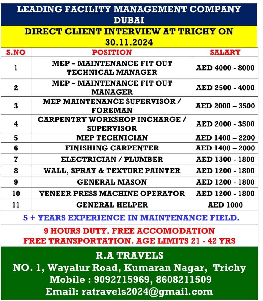 LEADING FACILITY MANAGEMENT COMPANY ABROAD JOBS IN DUBAI-gulf jobs-gulf walkin