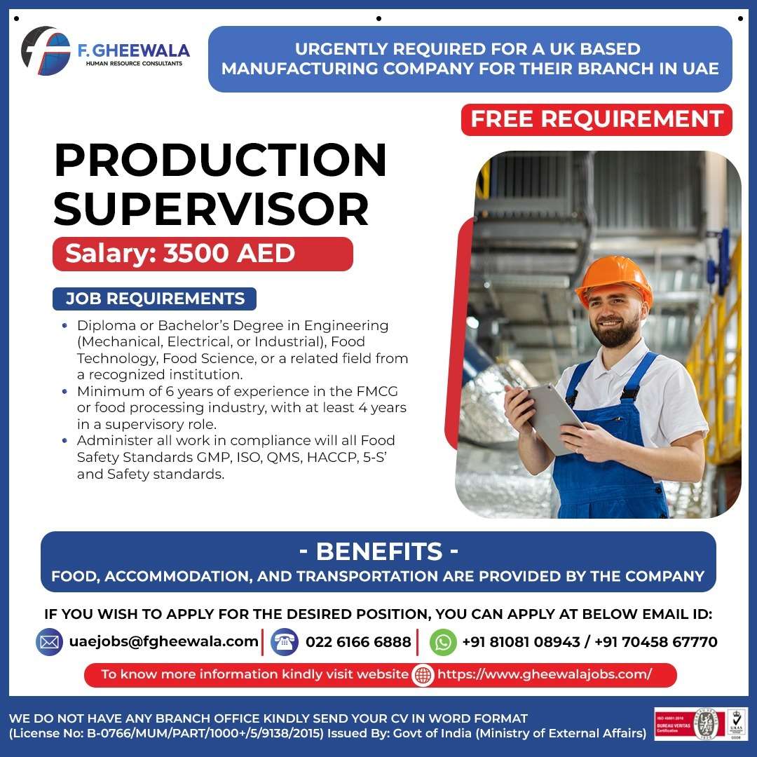 URGENTLY REQUIRED FOR A UK BASED MANUFACTURING COMPANY FOR THEIR BRANCH CAREER JOB IN UAE