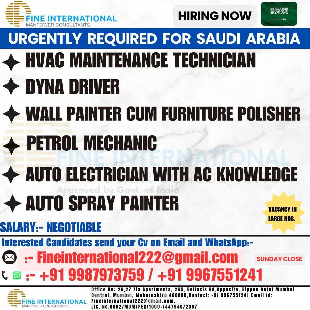 URGENTLY REQUIRED FOR WORKS IN SAUDI ARABIA