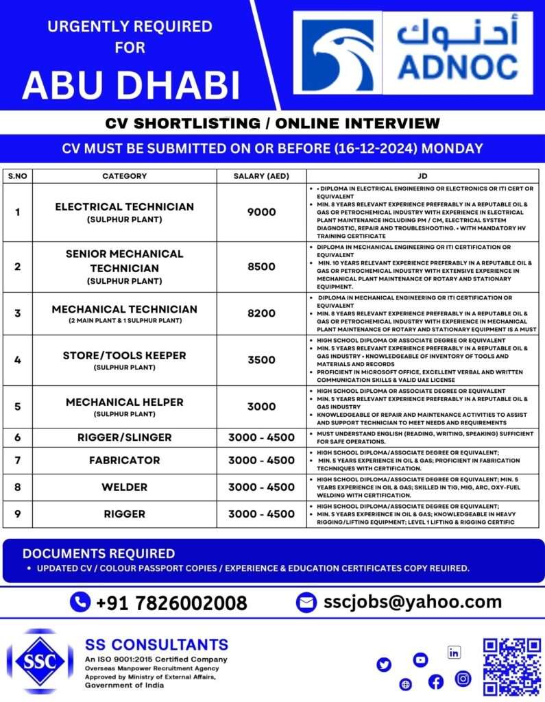 URGENTLY REQUIRED FOR NEW ABROAD IN ABU DHABI-abroad jobs-gulf jobs-gulfwalkin