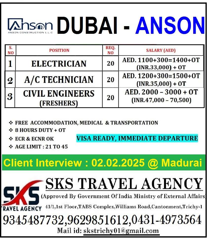 HIRING FOR ANSON MAINTENANCE JOBS IN DUBAI