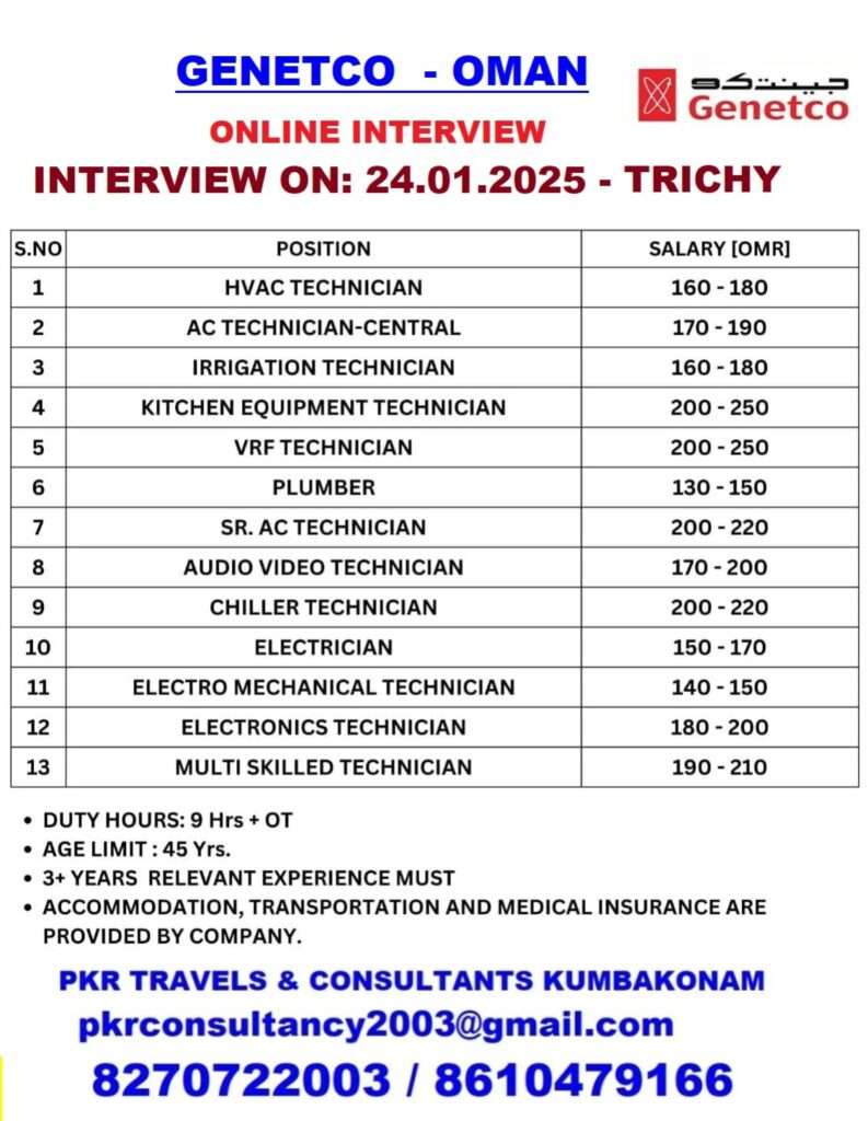 HIRING FOR GENETCO WORK PLACEMENTS IN OMAN-ABROAD JOBS-GULF JOBS-GULF WALKIN