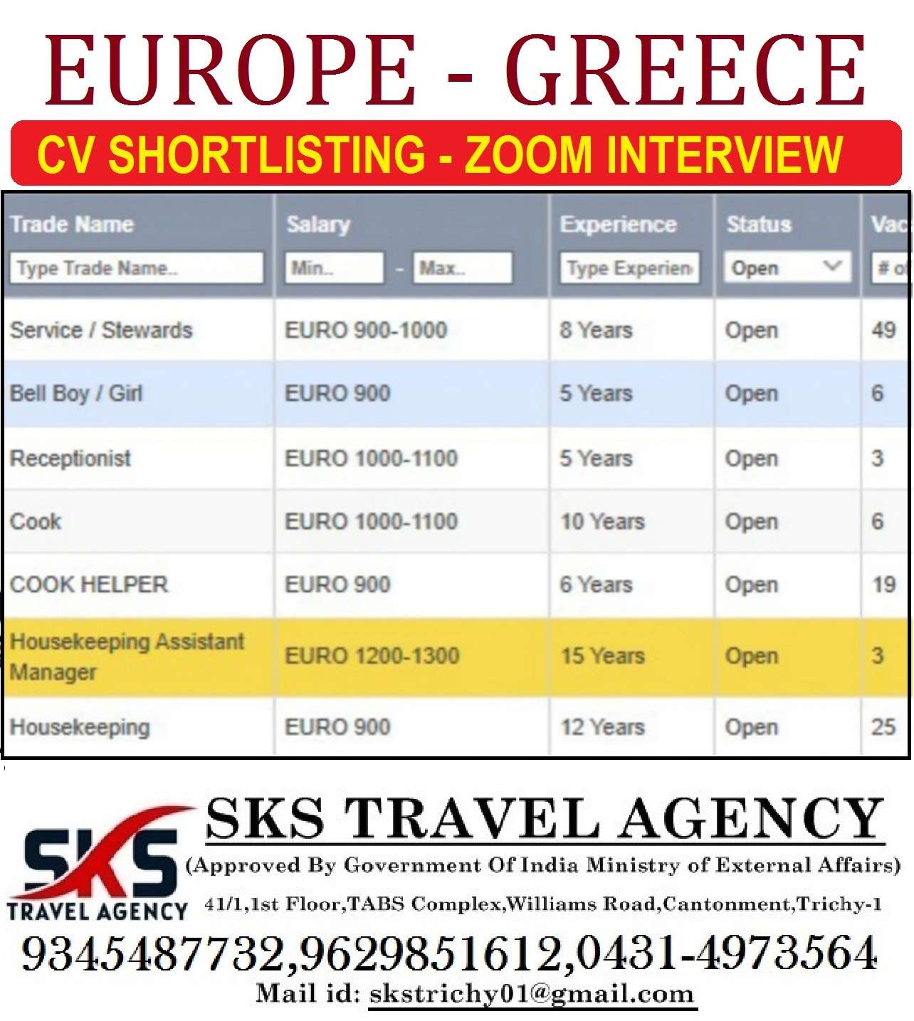 HIRING FOR GREECE GULF OPENINGS IN EUROPE