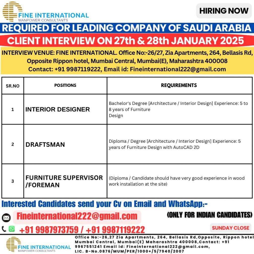 HIRING FOR OF ABROAD CARRERS IN SAUDI ARABIA-abroad jobs-gulf jobs-gulf walkin