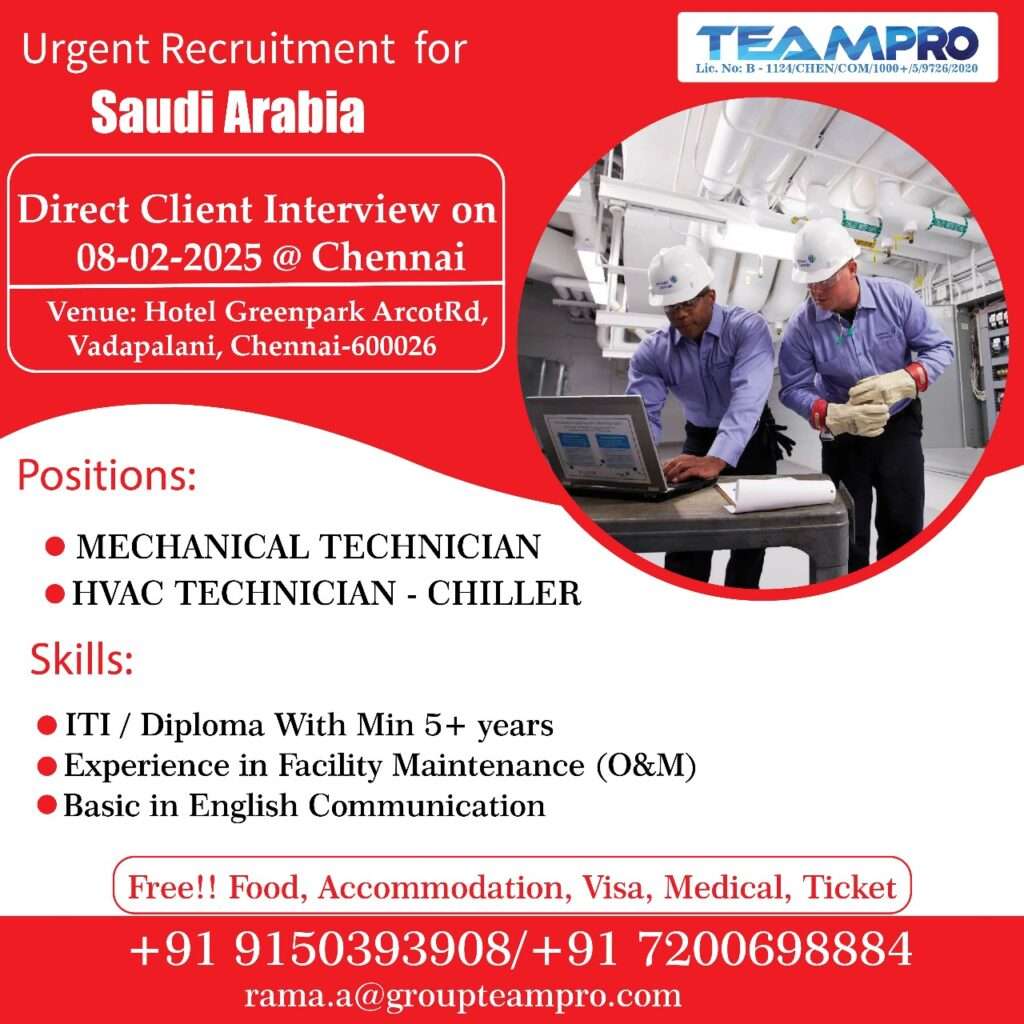 HIRING FOR SAUDI ARABIA JOBS INTERVIEW IN CHENNAI