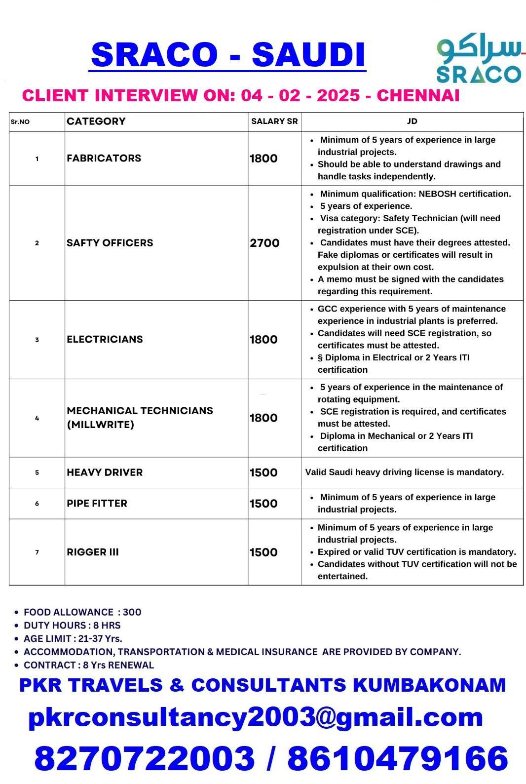 HIRING FOR SRACO FOREIGN JOB IN SAUDI