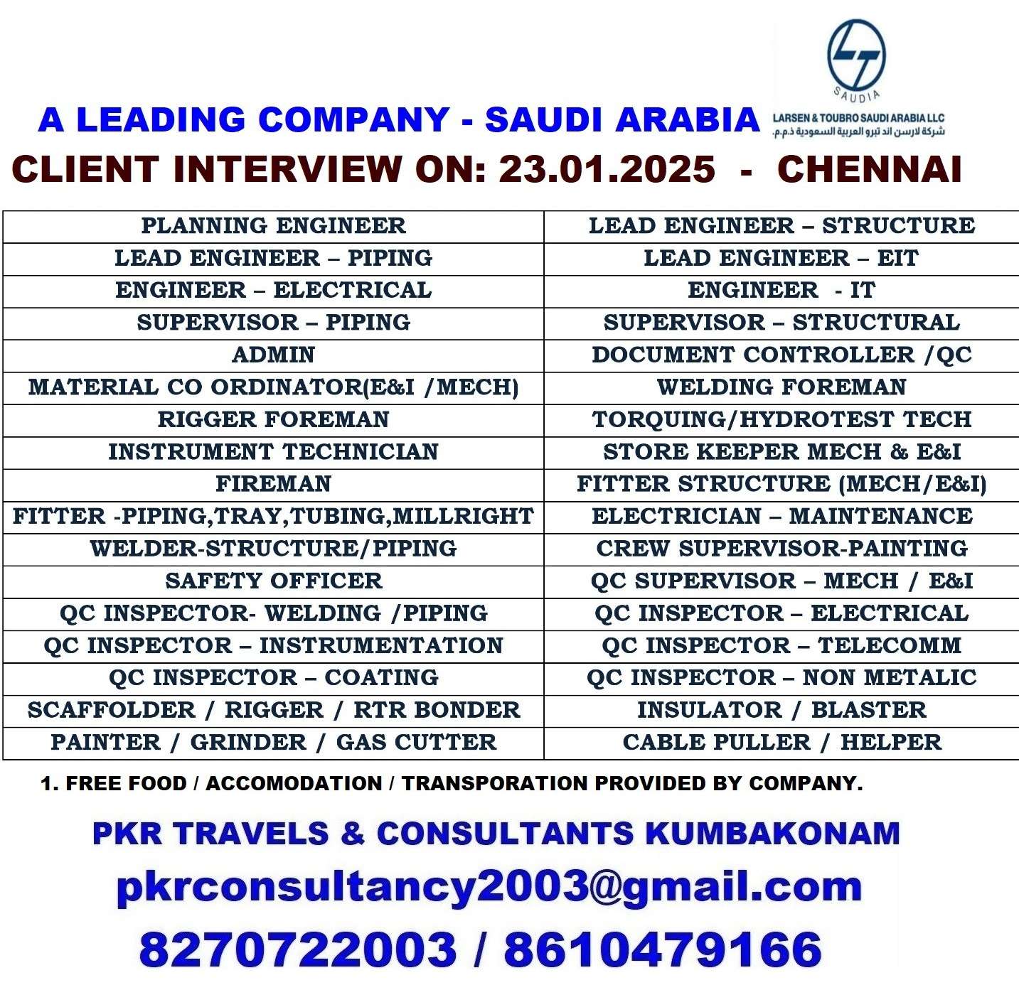 HIRING FOR WORK OPPORTUNITIES IN SAUDI ARABIA