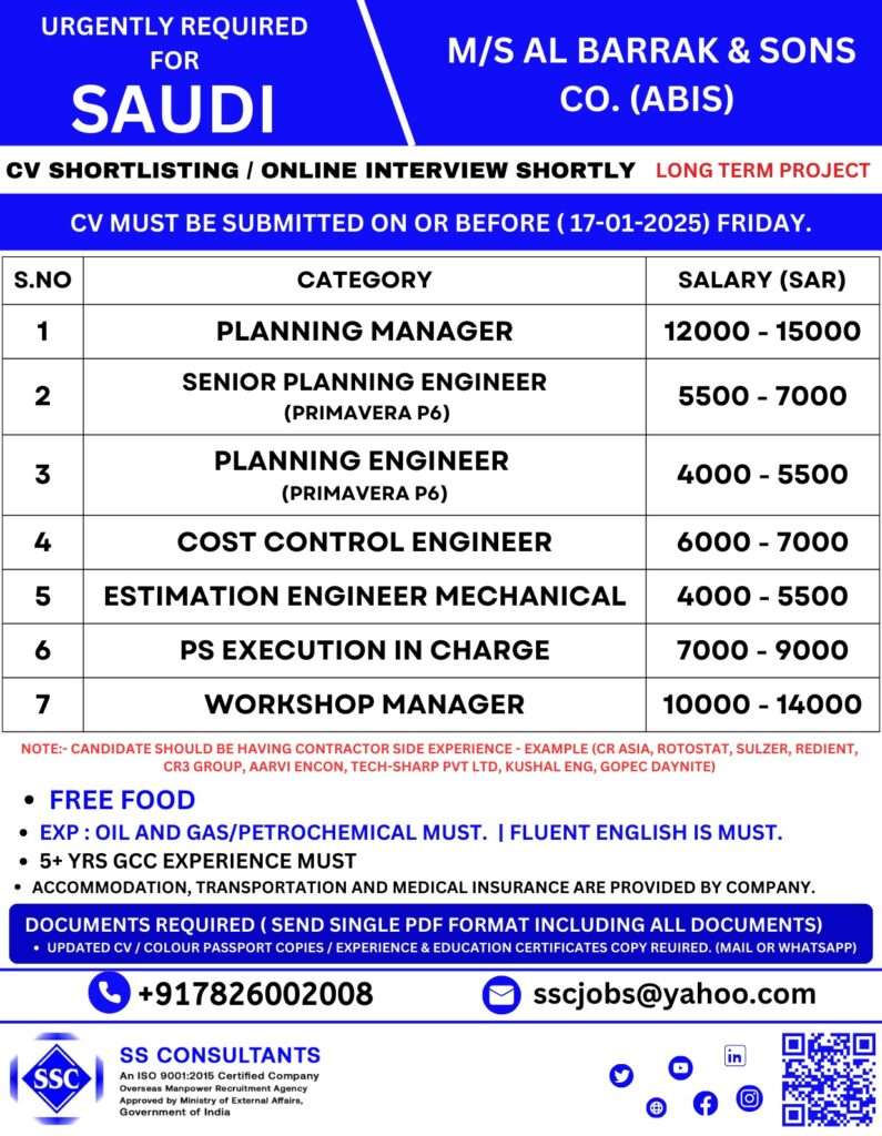 URGENTLY REQUIRED FOR JOB OPENINGS IN SAUDI-abroad jobs-gulf jobs-gulf walkin