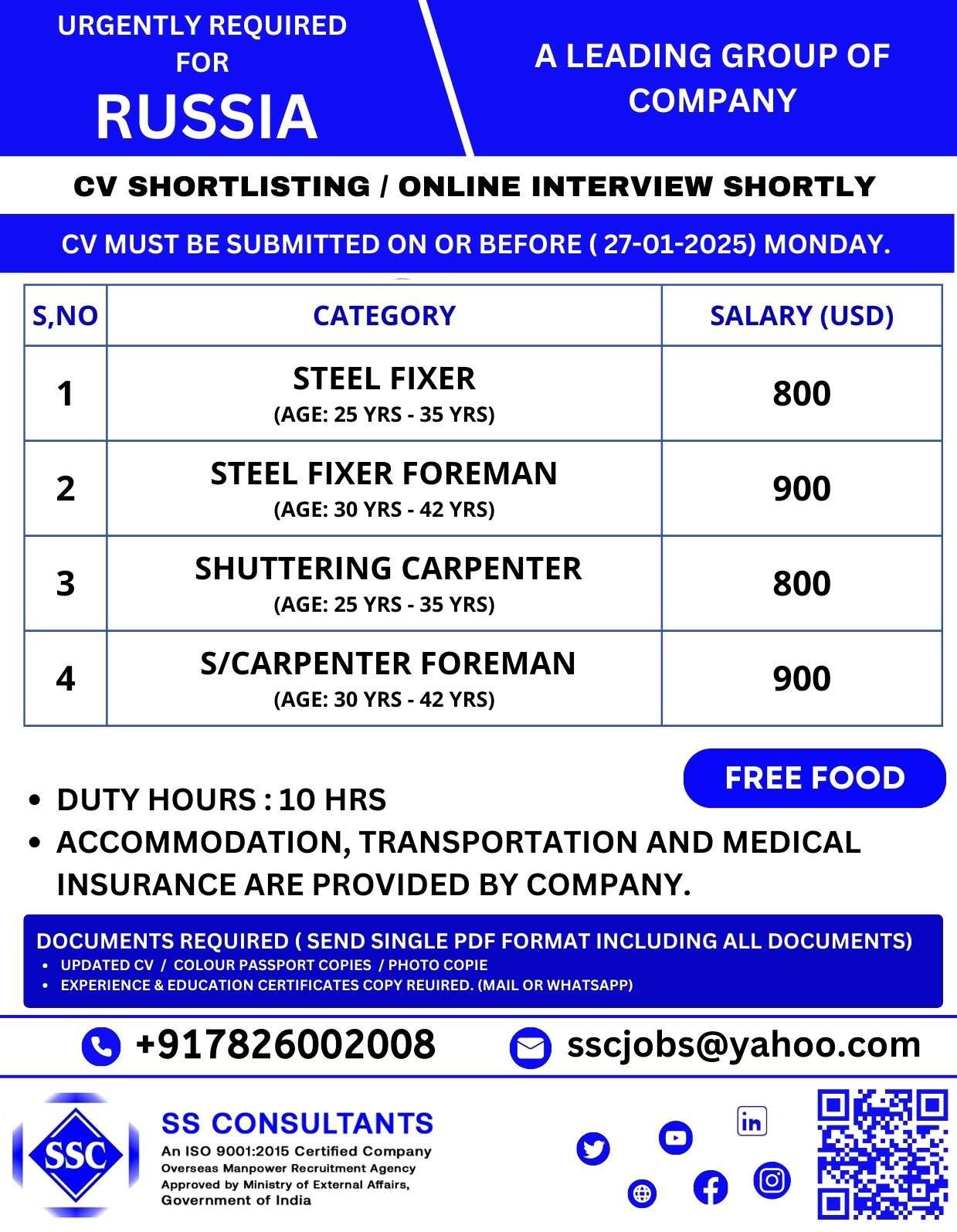 URGENTLY REQUIRED FOR OVERSEAS JOB IN RUSSIA