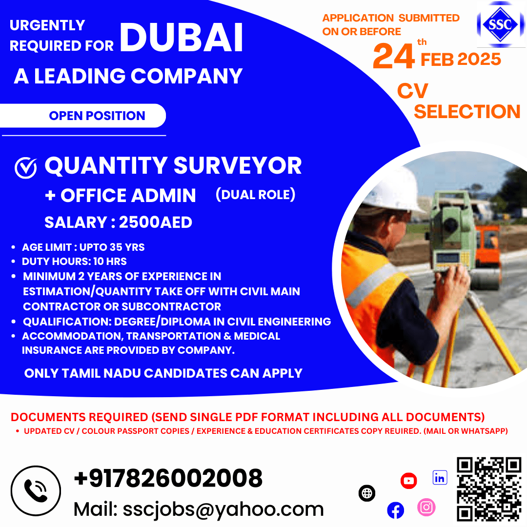 Quantity Surveyor & Office Admin (Dual Role) – Dubai – Salary 2500 AED – Apply Now!