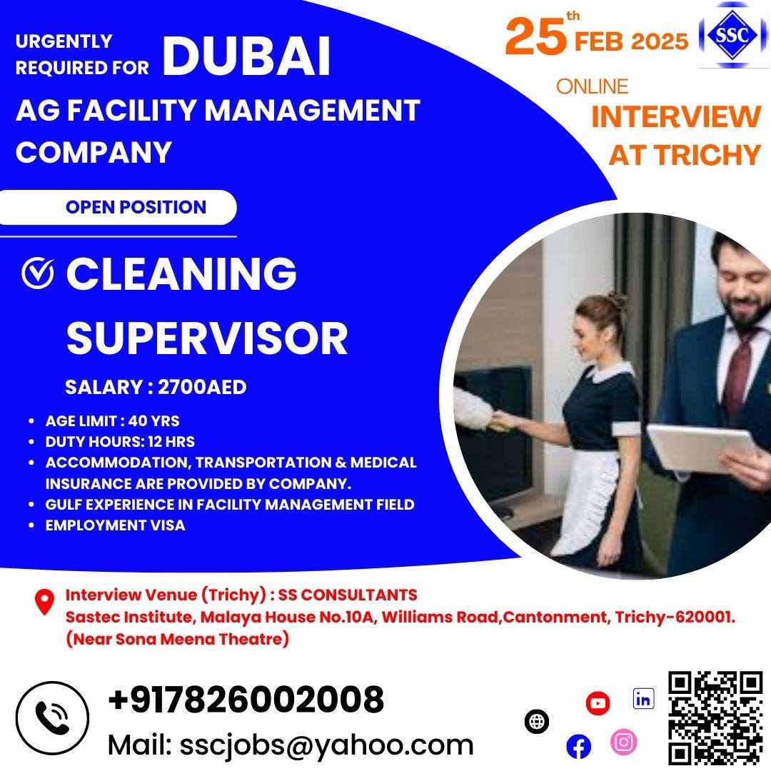 Cleaning Supervisor Job in Dubai with Accommodation & Benefits – Apply Now at SS Consultants, Trichy