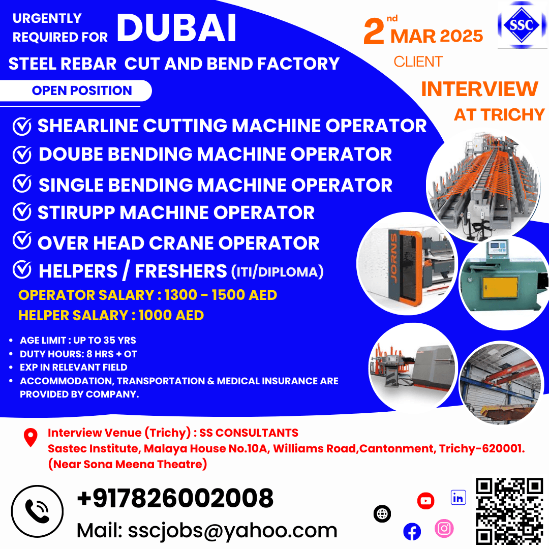 Urgent Hiring for Steel Rebar Cut and Bend Factory Jobs in Dubai – Machine Operators & Helpers Needed – Apply by 2nd March 2025!