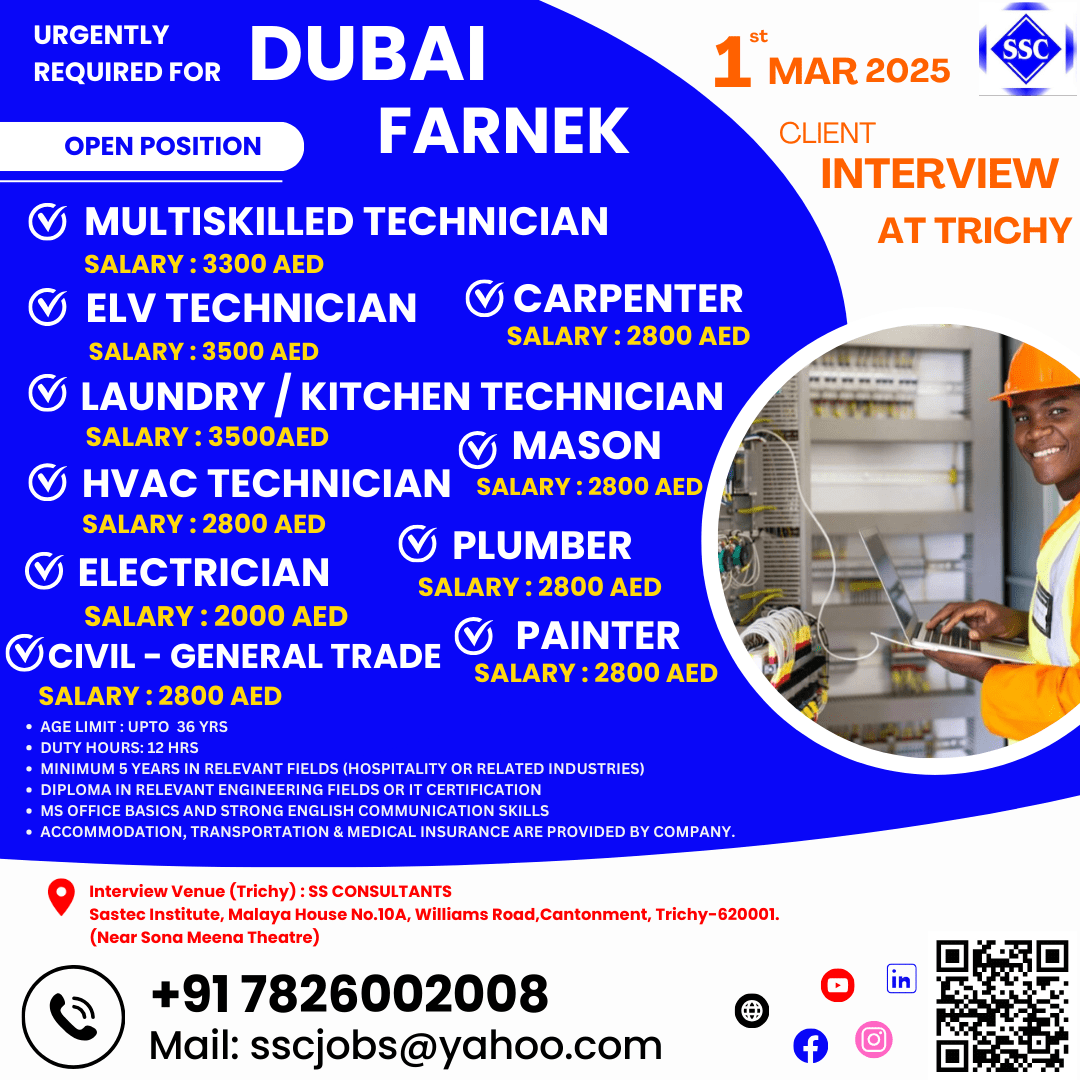 Urgent Job Openings in Dubai: Multiskilled Technicians Needed – Apply Now for Immediate Interviews in Trichy!