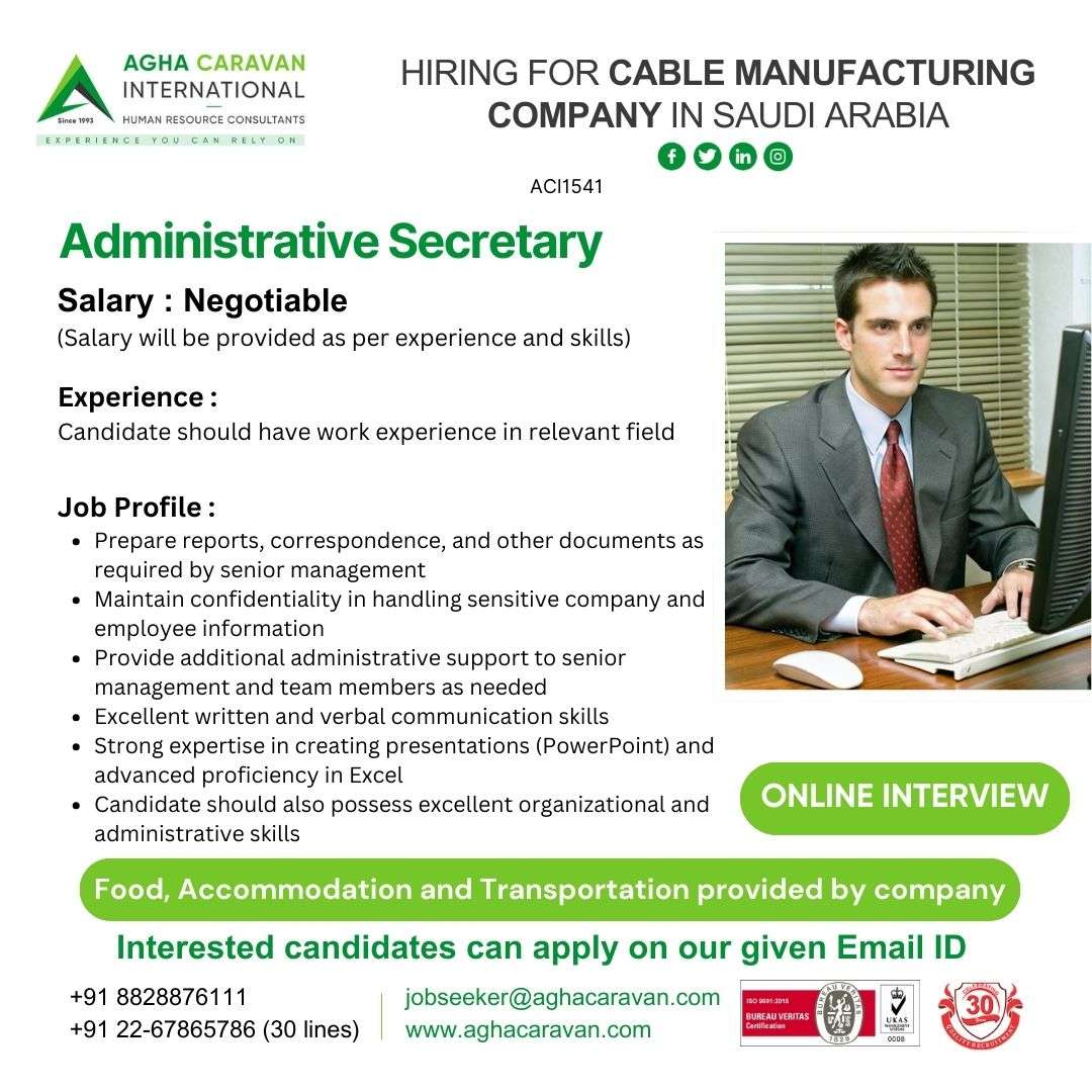 HIRING FOR ADMINISTRATIVE SECRETARY JOBS IN SAUDI ARABIA