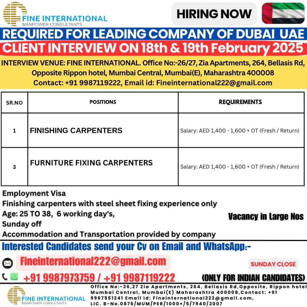 HIRING FOR CARPENTERS JOBS IN DUBAI-abroad jobs-glf jobs-gulf walkin