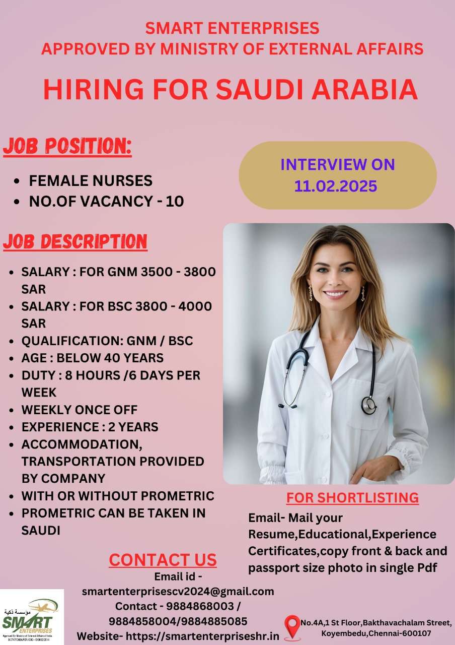 HIRING FOR FEMALE NURSE ABROAD JOBS IN SAUDI ARABIA