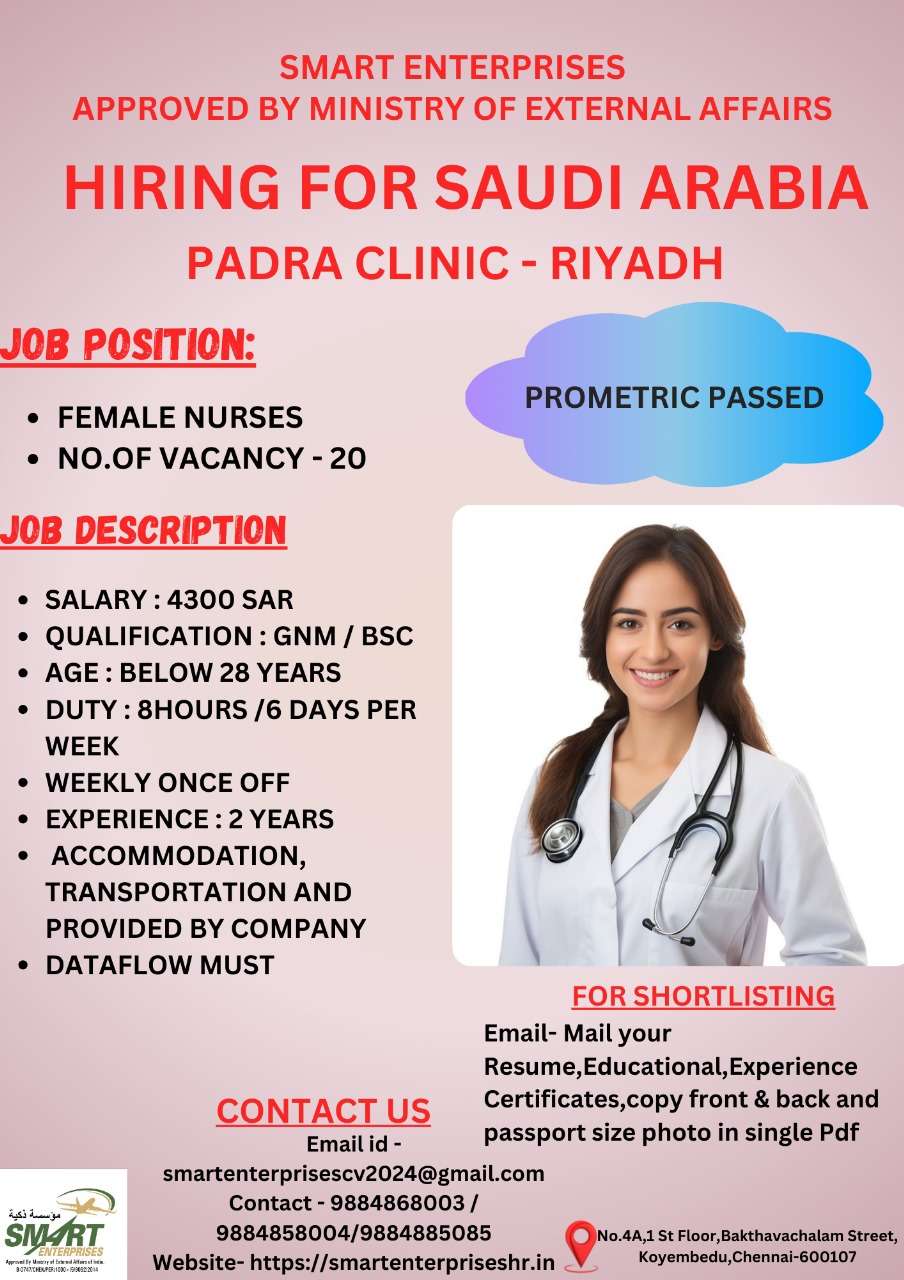 HIRING FOR FEMALE NURSES ABROAD JOB IN SAUDI ARABIA