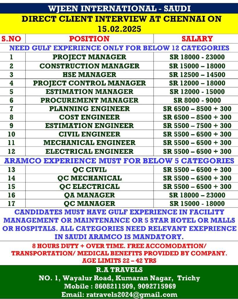 HIRING FOR GCC WALKIN JOB IN SAUDI-ABROAD JOBS-GULF JOBS-GULF WALKIN