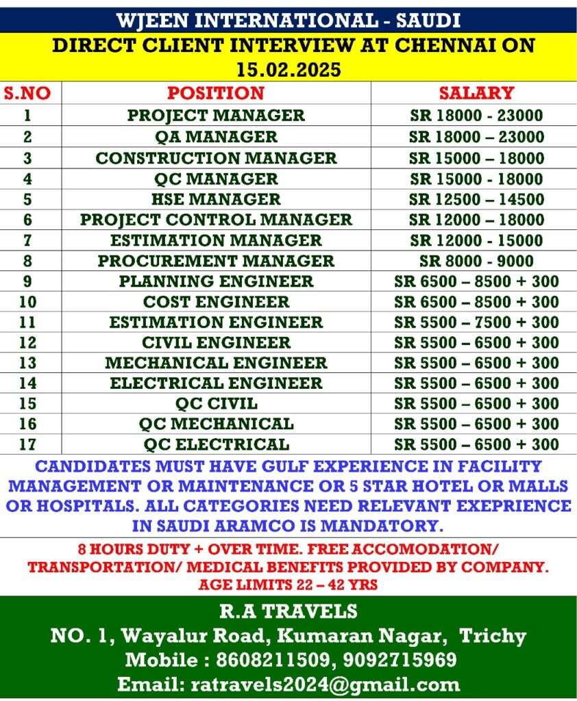 HIRING FOR GCC WALKIN JOB IN SAUDI-ABROAD JOBS-GULF JOBS-GULF WALKIN