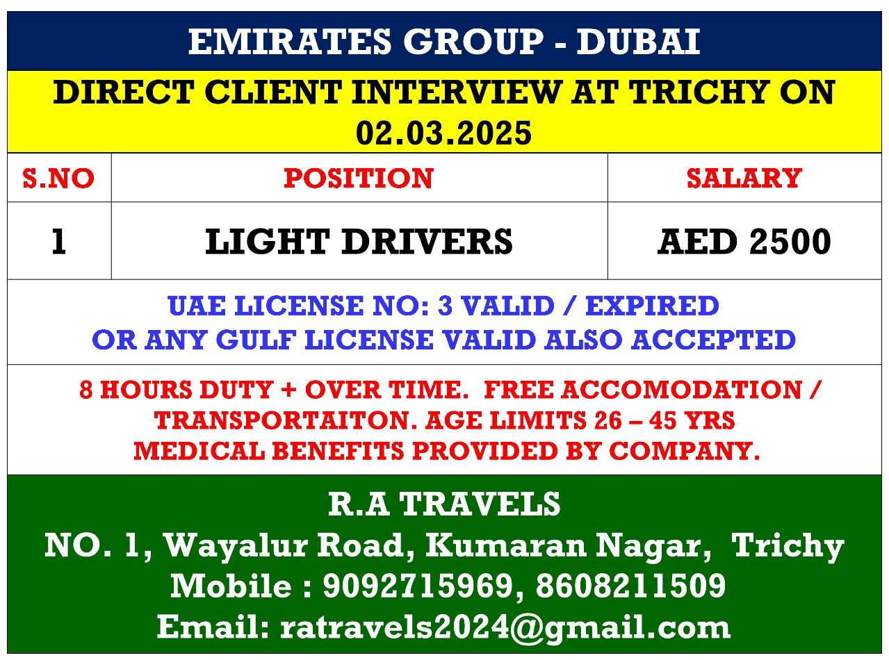 HIRING FOR LIGHT DRIVERS JOB IN DUBAI