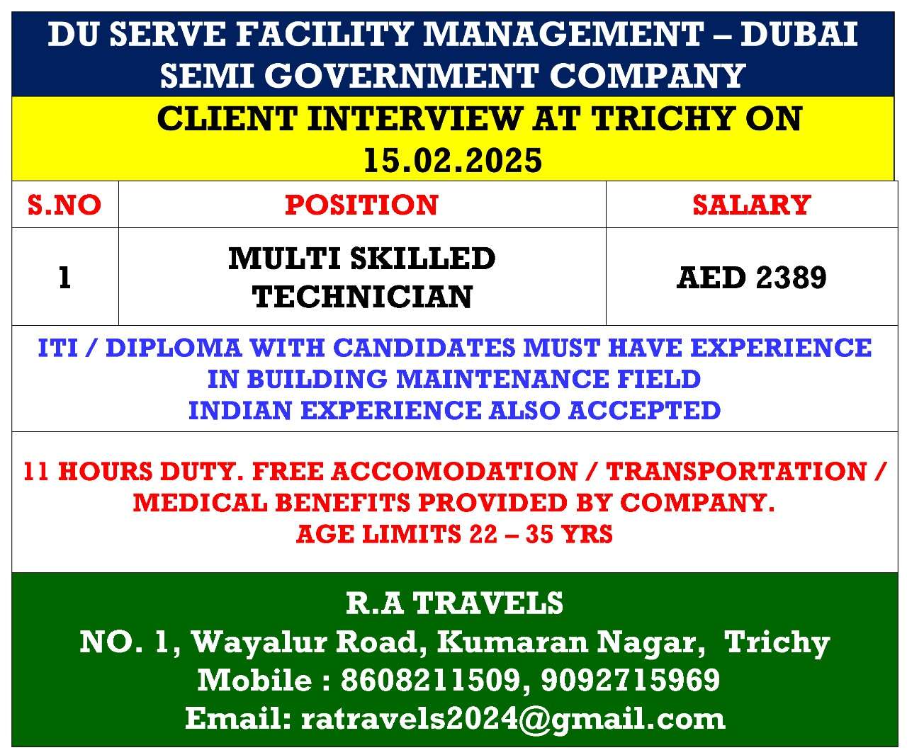 HIRING FOR MULTI SKILLED TECHNICIAN JOB IN DUBAI