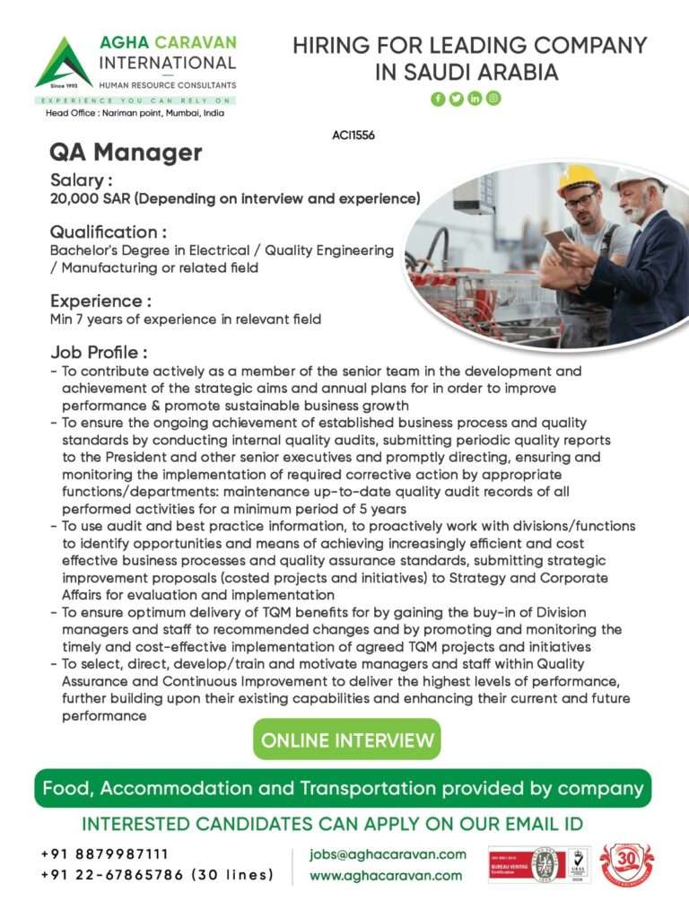 HIRING FOR QA MANAGER IN SAUDI ARABIA-abroad jobs-gulf jobs-gulf walkin