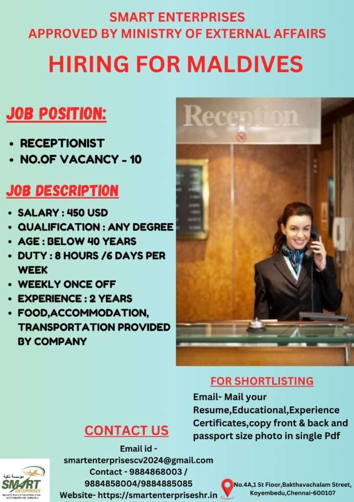 HIRING FOR RECEPTIONIST JOBS IN MALDIVESabroad jobs-gulf jobs-gulf ealkin