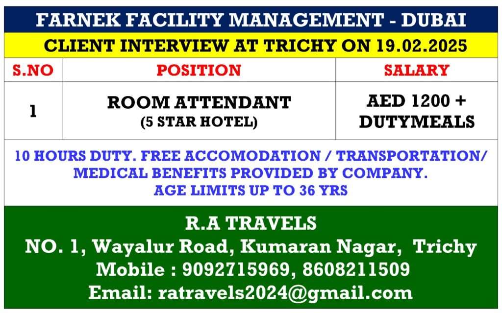 HIRING FOR ROOM ATTENDANT IN DUBAI-abroad jobs-gulf jobs-gulf wlakin