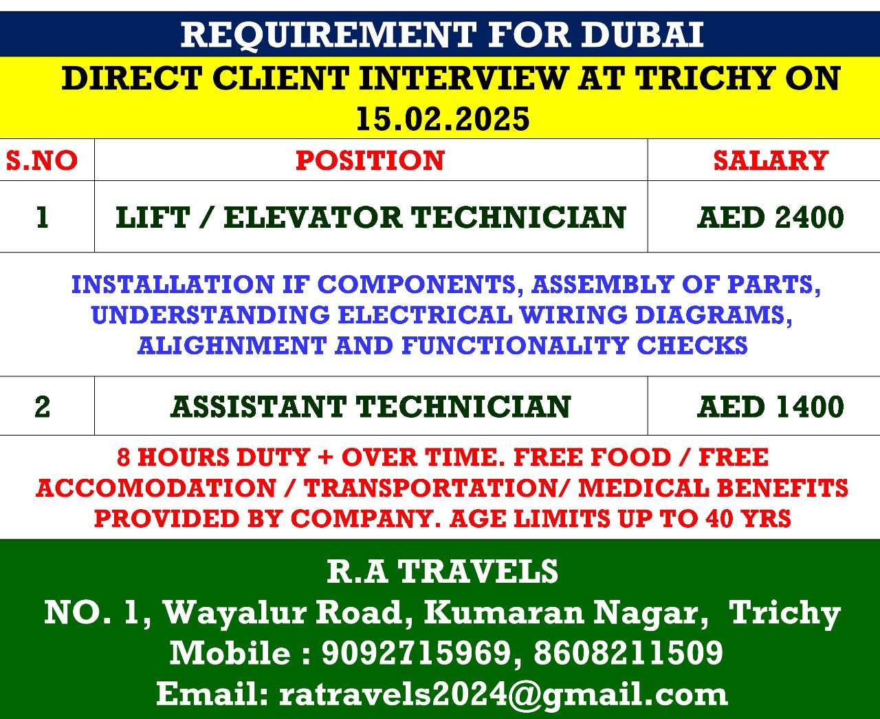 HIRING FOR TECHNICIAN JOB IN DUBAI