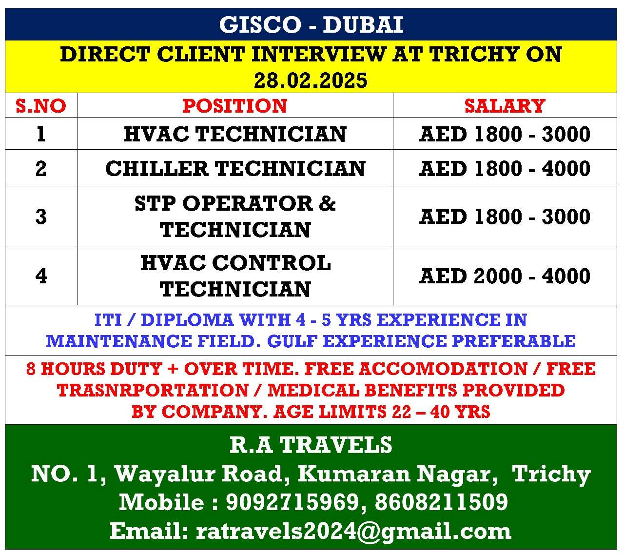 HIRING FOR TECHNICIAN JOBS IN DUBAI