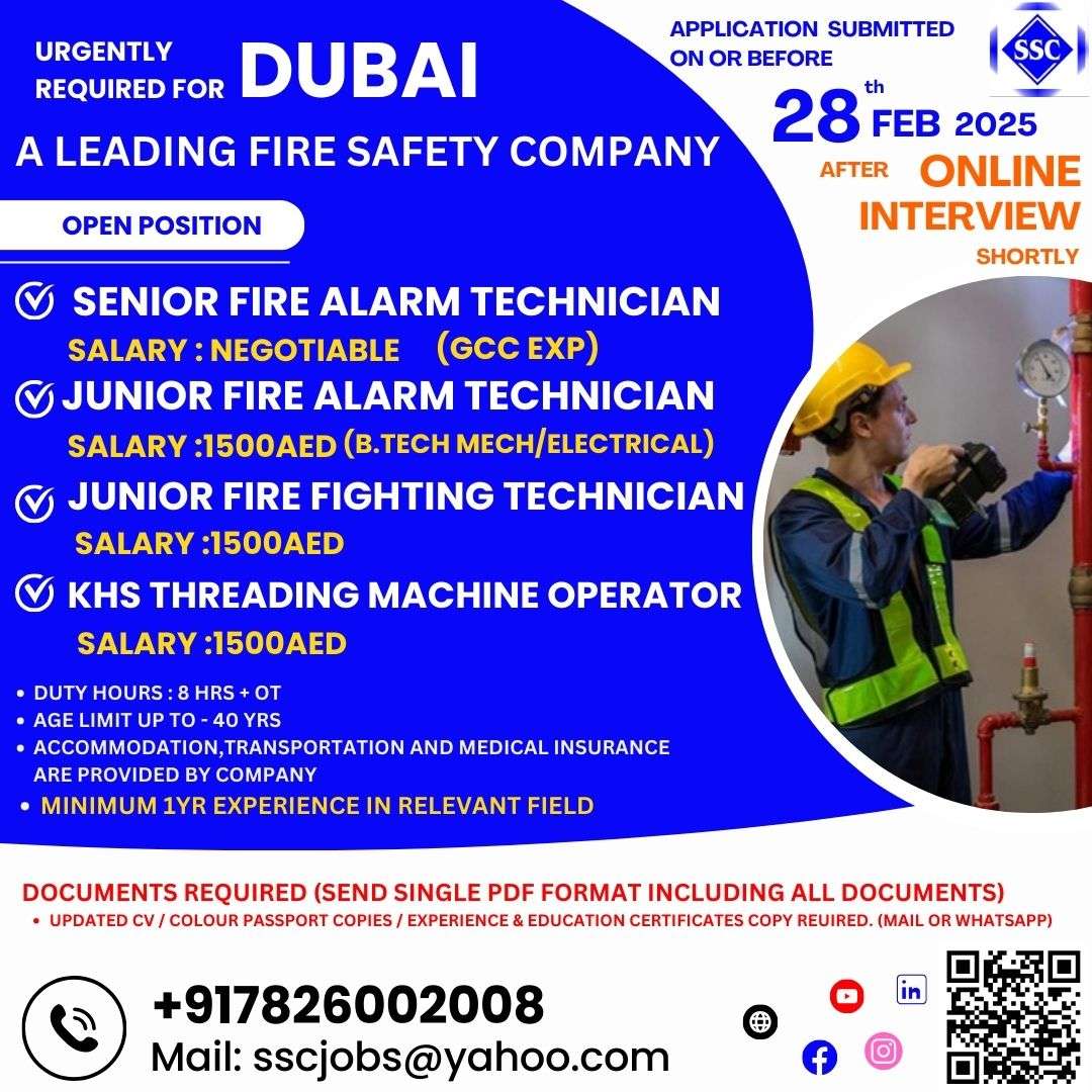 Urgent Fire Safety Job Openings in Dubai: Senior & Junior Technician Roles with Accommodation & Benefits