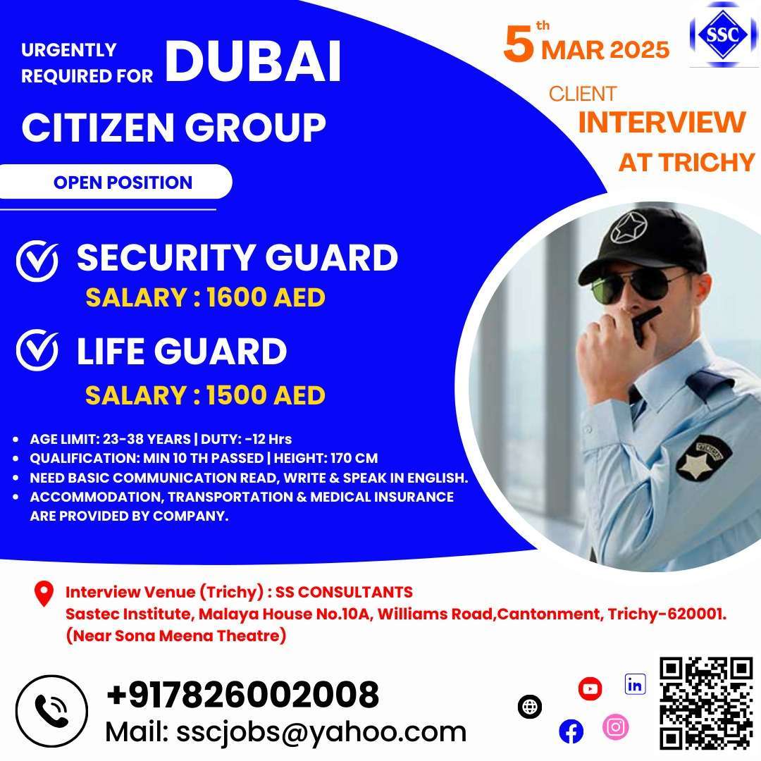 Urgent Hiring: Security Guard & Lifeguard Jobs in Dubai – Salary up to AED 1600 | Accommodation & Benefits Provided