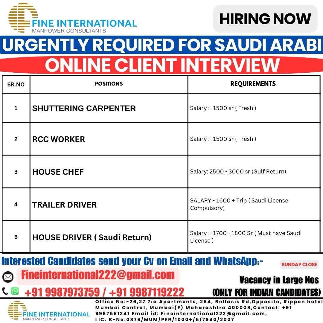 URGENTLY REQUIRED FOR SAUDI ARABIA