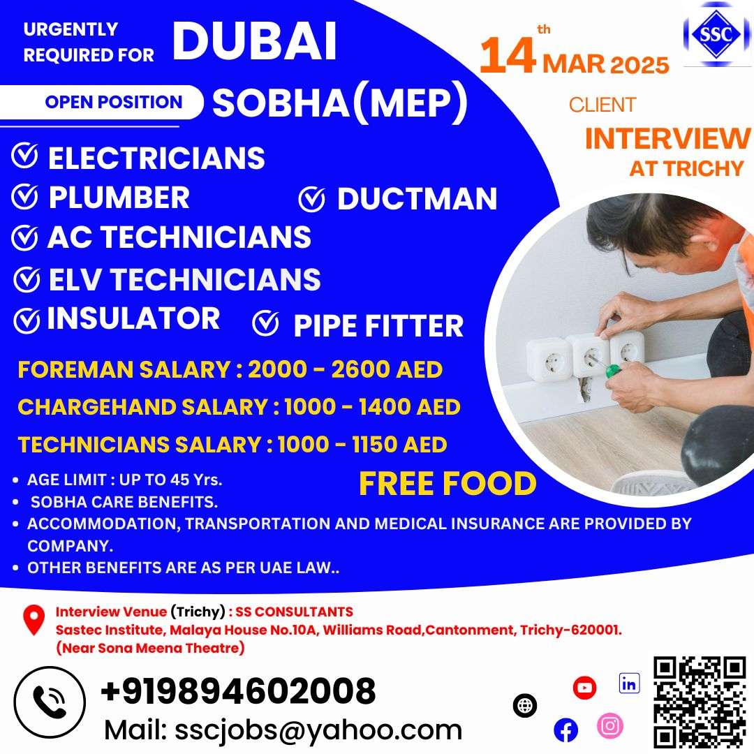 Urgent Job Openings in Dubai for Electricians, Plumbers, AC Technicians | Apply Now at SS Consultants, Trichy