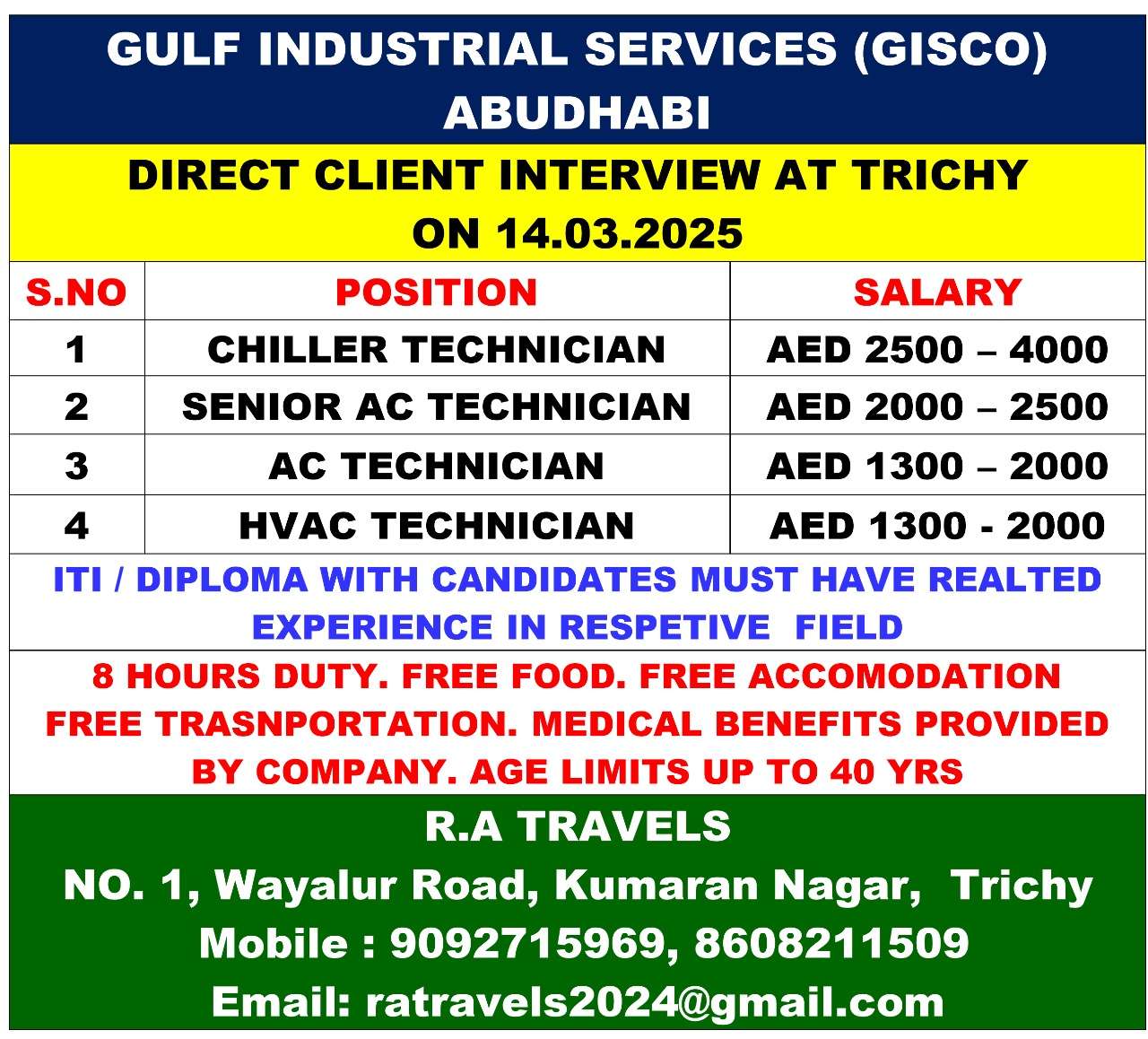 HIRING FOR TECHNICIAN JOB IN ABUDHABI