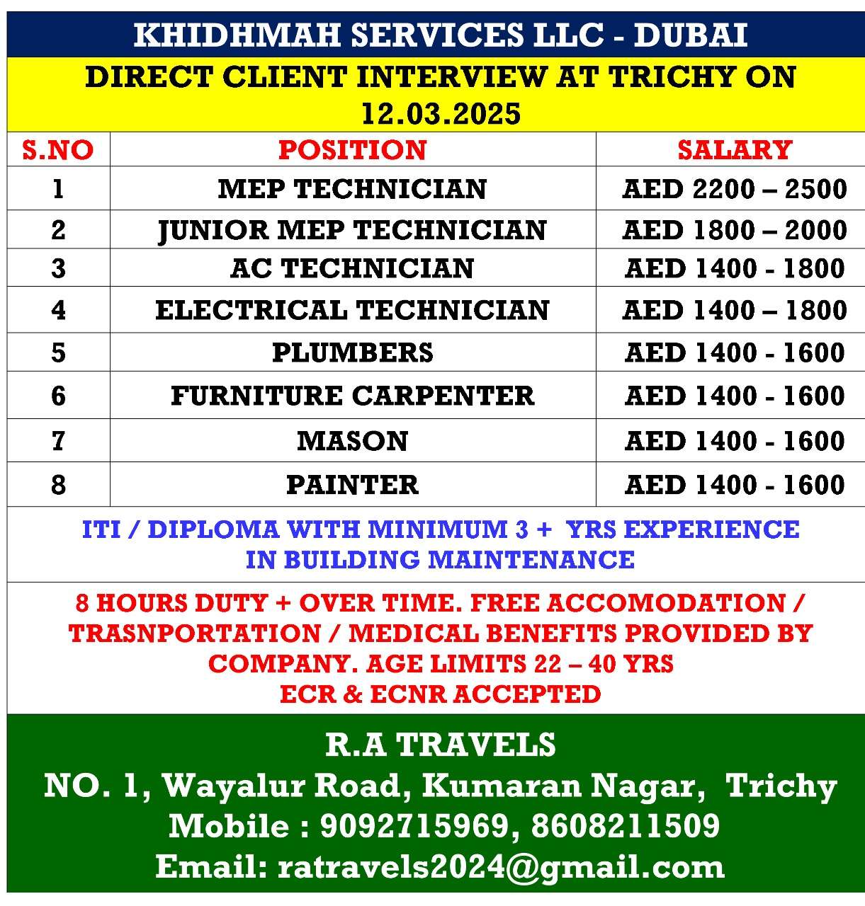 HIRING FOR TECHNICIAN JOB IN DUBAI