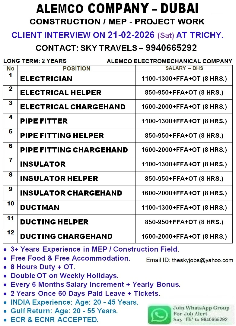 Urgently Required For Leading Company – Dubai.