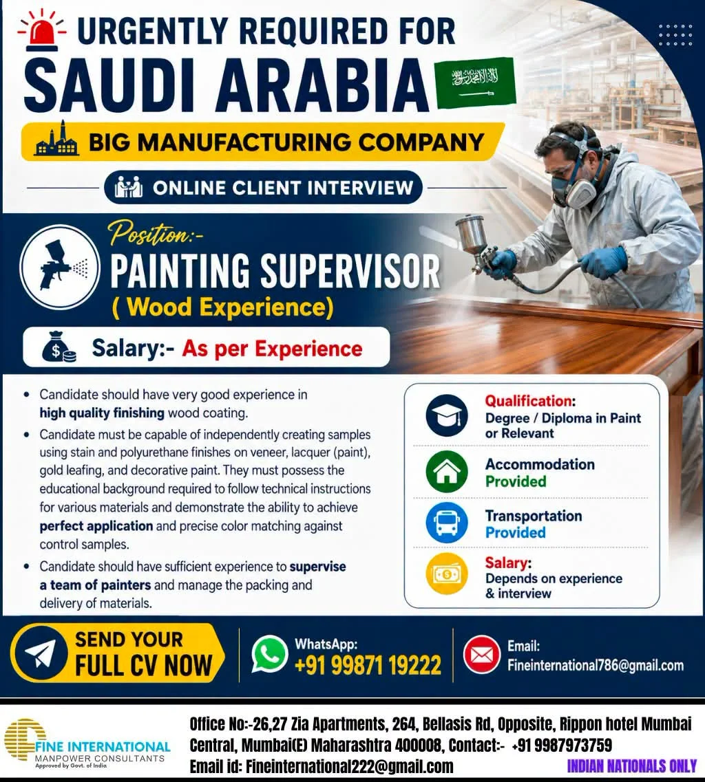 URGENT HIRING – SAUDI ARABIA Position: Painting Supervisor (Wood Finishing Experience)